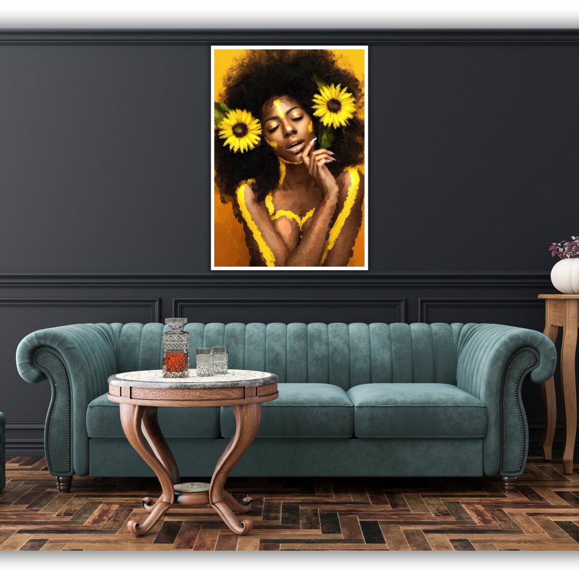 Golden Sunflower Woman Afro Hair Radiant Yellow Portrait Art Poster - Image 3