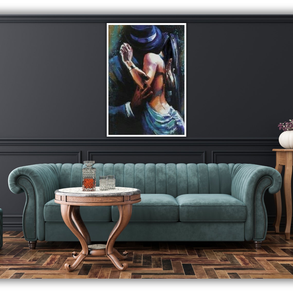 Tango Lovers Embrace Blue Hat Moody Dance Painting Art Poster - Image 5