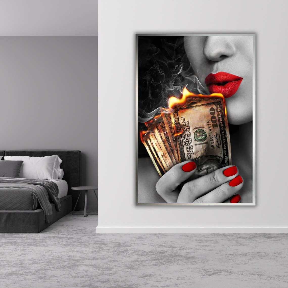 Woman Red Lips Burning Dollar Bills Smoke Pop Art Money Poster - Image 5