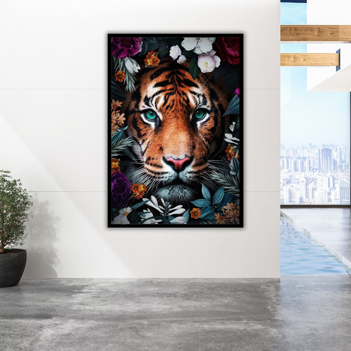 Tiger Face Close Up Floral Surround Green Eyes Wildlife Art Poster - Image 5