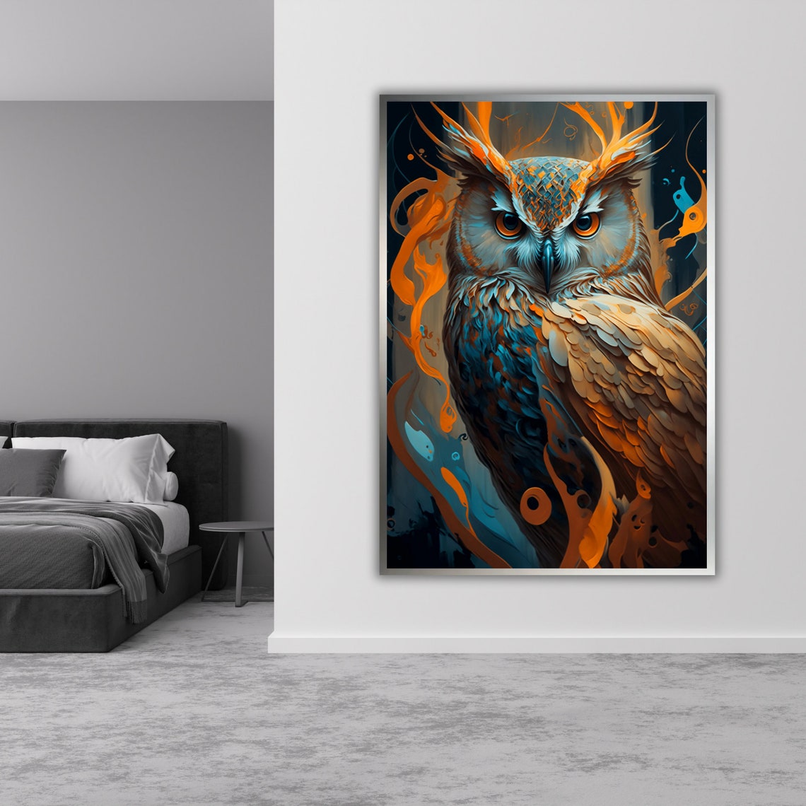 Great Horned Owl Digital Painting Blue Orange Fantasy Bird Art Poster - Image 3