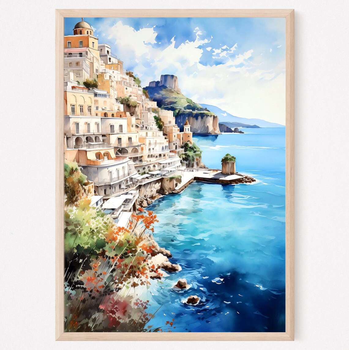 Positano Amalfi Coast Cliffside Town Turquoise Sea Watercolor Poster