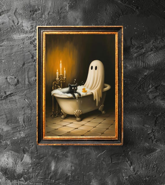 Cat In Bathtub Poster Spooky Bubblebath Art Retro Halloween Print Bathroom Decor