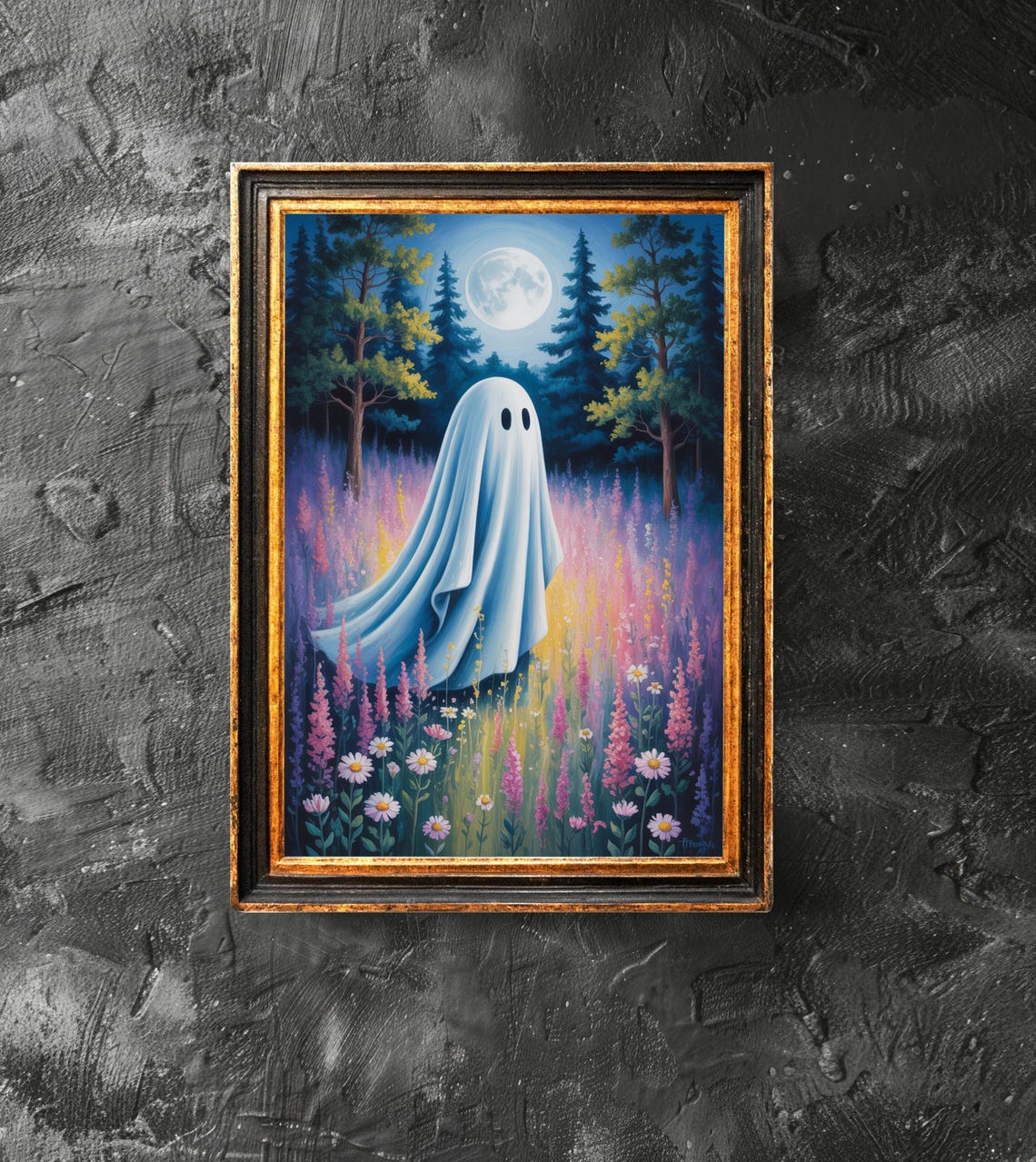 With Flowers At The Moon Poster Floral Wall Art Cute Halloween