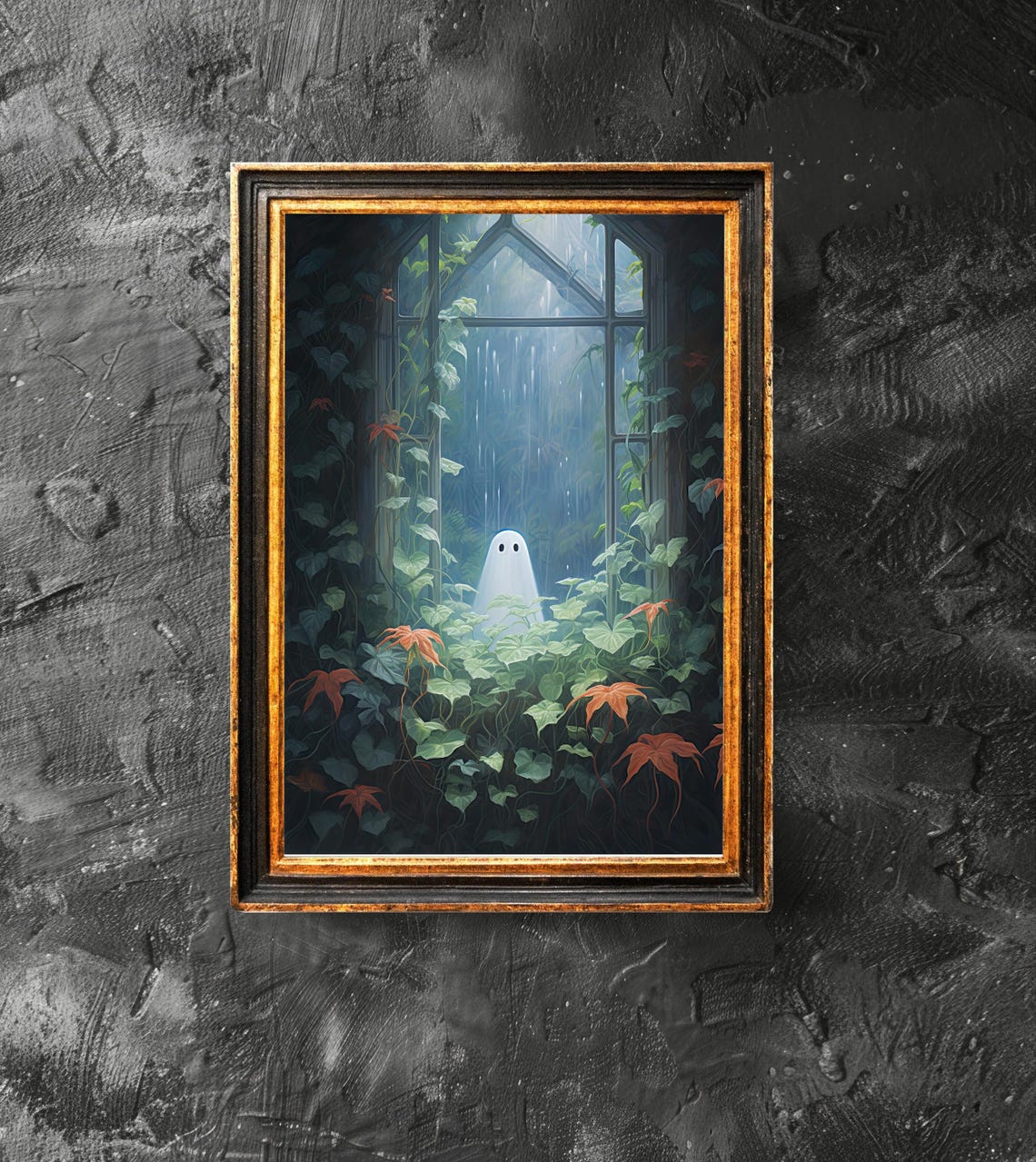 Cute Ghost In Greenhouse Window Lush Plants Halloween Poster