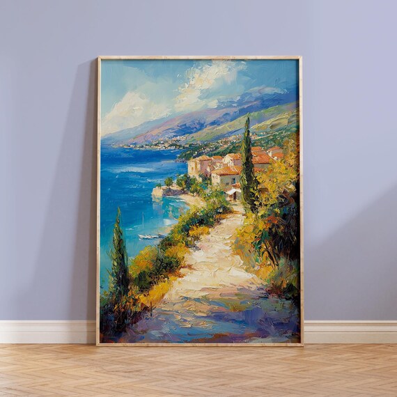 Italian Coastal Town Cypress Path Blue Sea Impressionist Poster