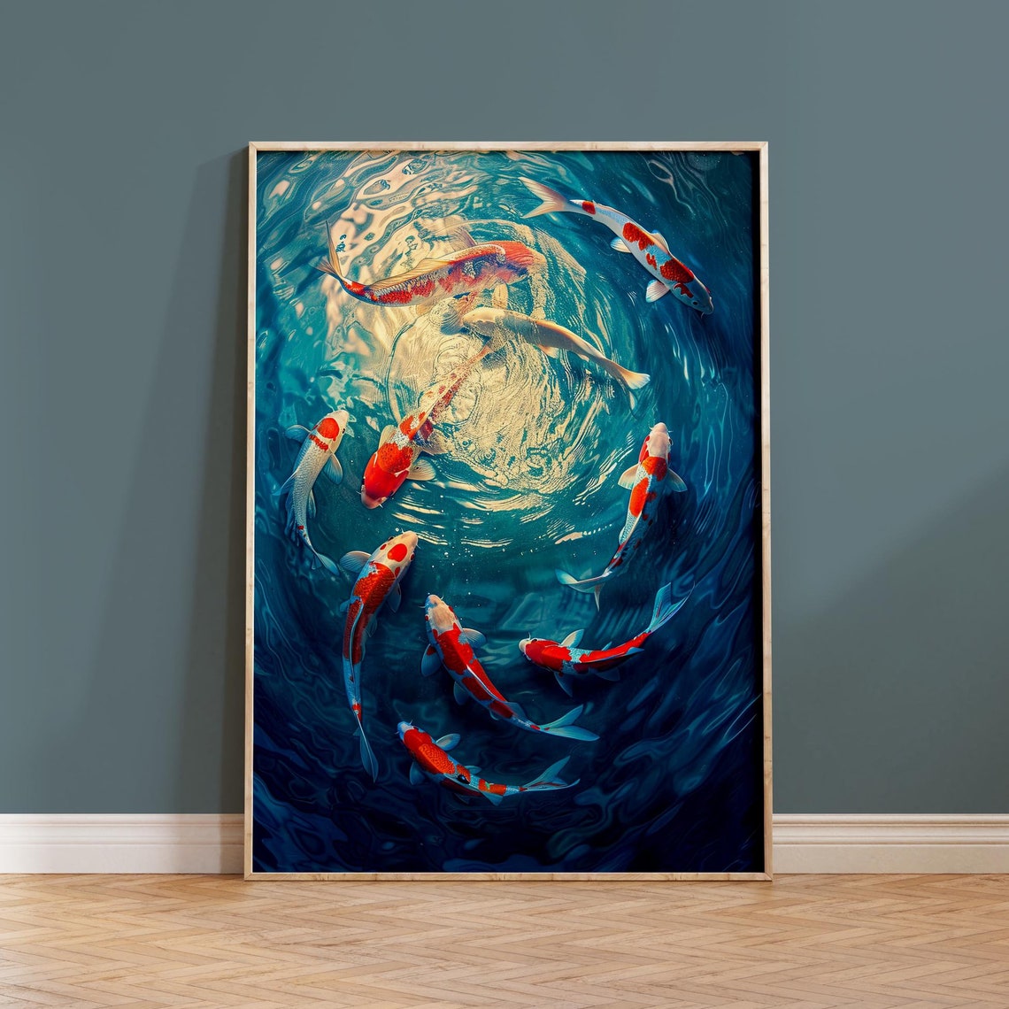 Red White Koi Fish Circling Blue Pond Water Top View Art Poster