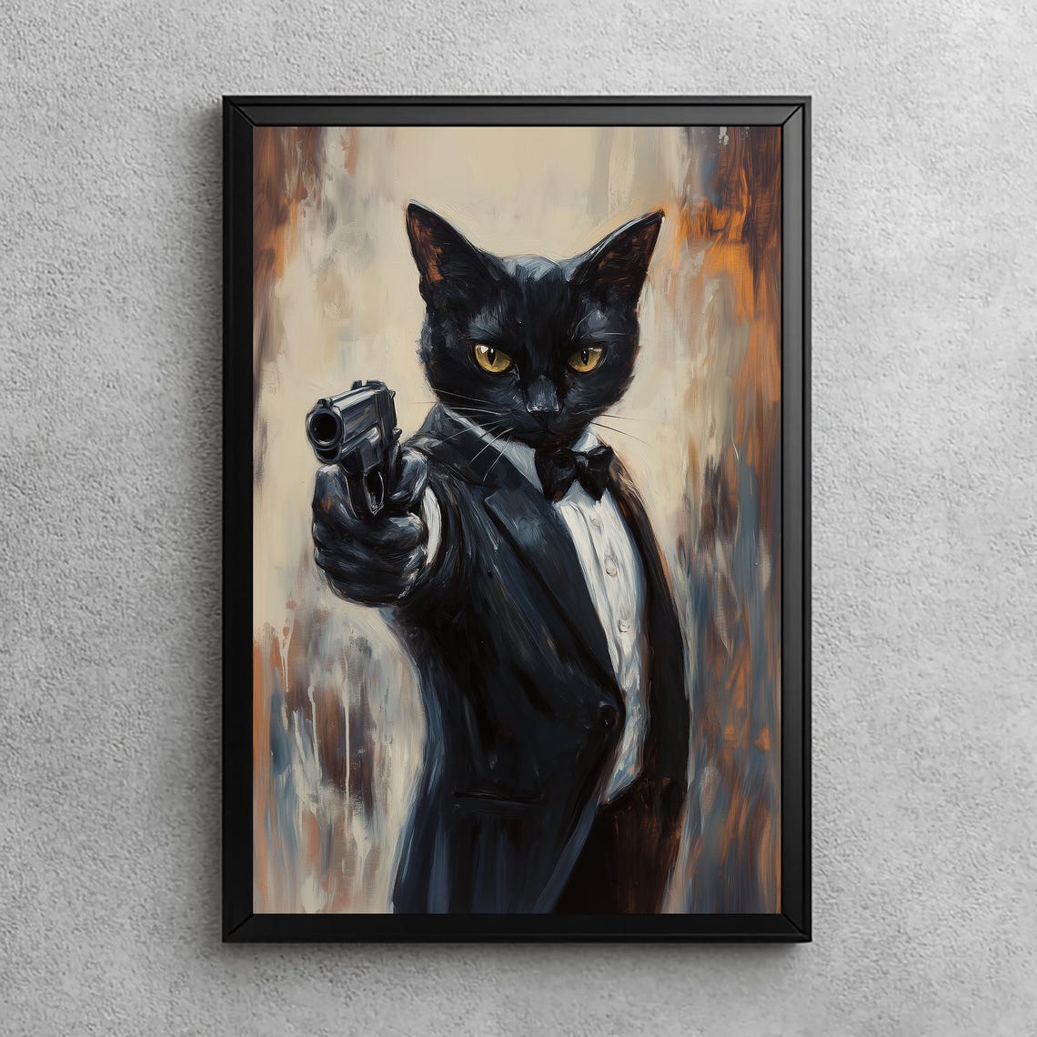 Spy Agent Black Cat Holding Gun Funny Gothic Oil Painting Poster
