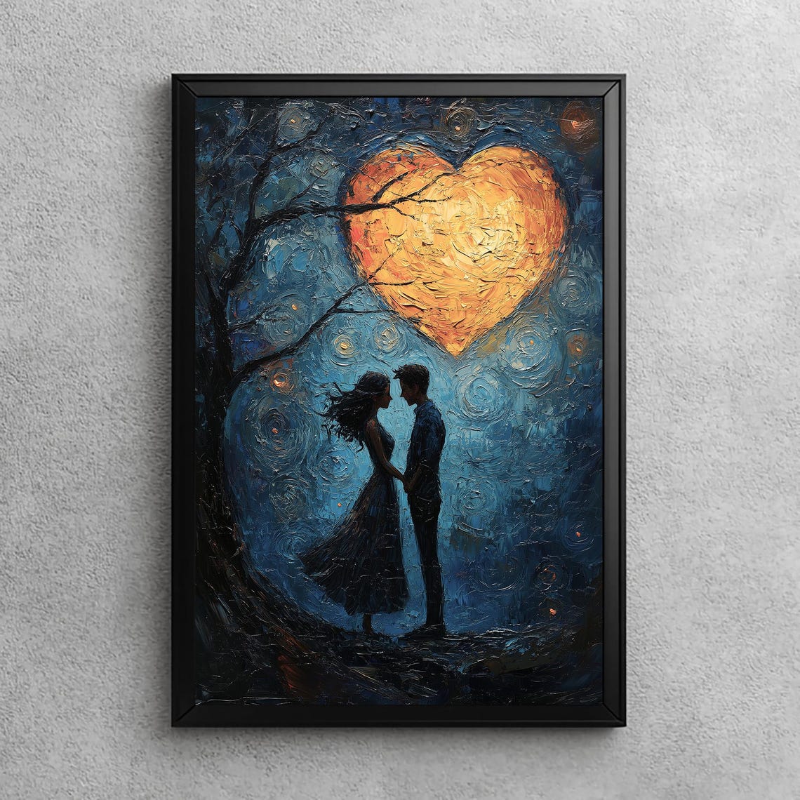 Couple Silhouette Beneath a Heart Moon on a Starry Night Poster