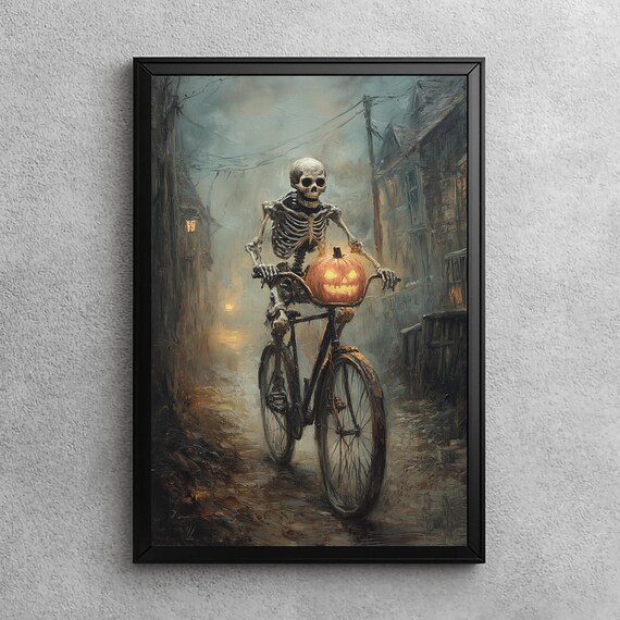 Skeleton On Bike Spooky Wall Art Halloween Oil Painting Gothic Dark Academia Haunted House Decor