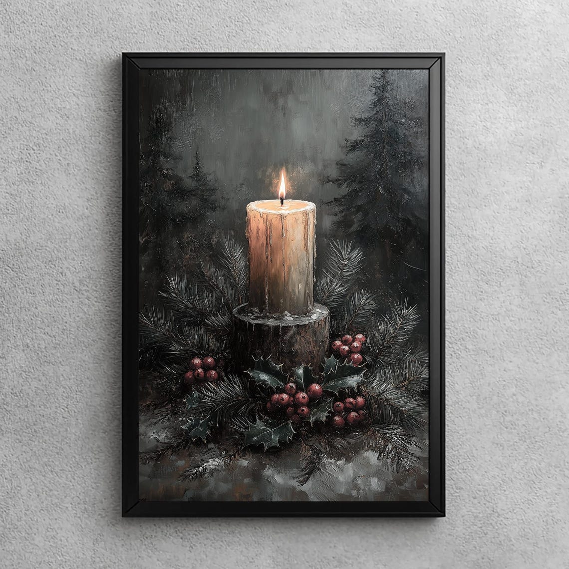 Lit Candle Among Pine Branches and Holly Berries Winter Poster