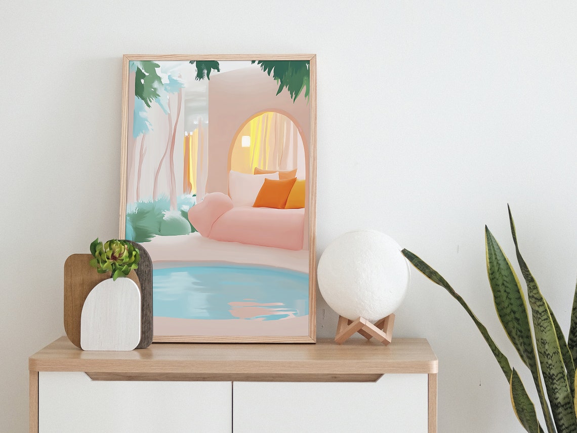 Pastel Pool Living Room Dreamy Living Room Teenage Room Decor Dreamy Aesthetic Quirky Illustration Gouache Painting Dopamine Decor - Image 2