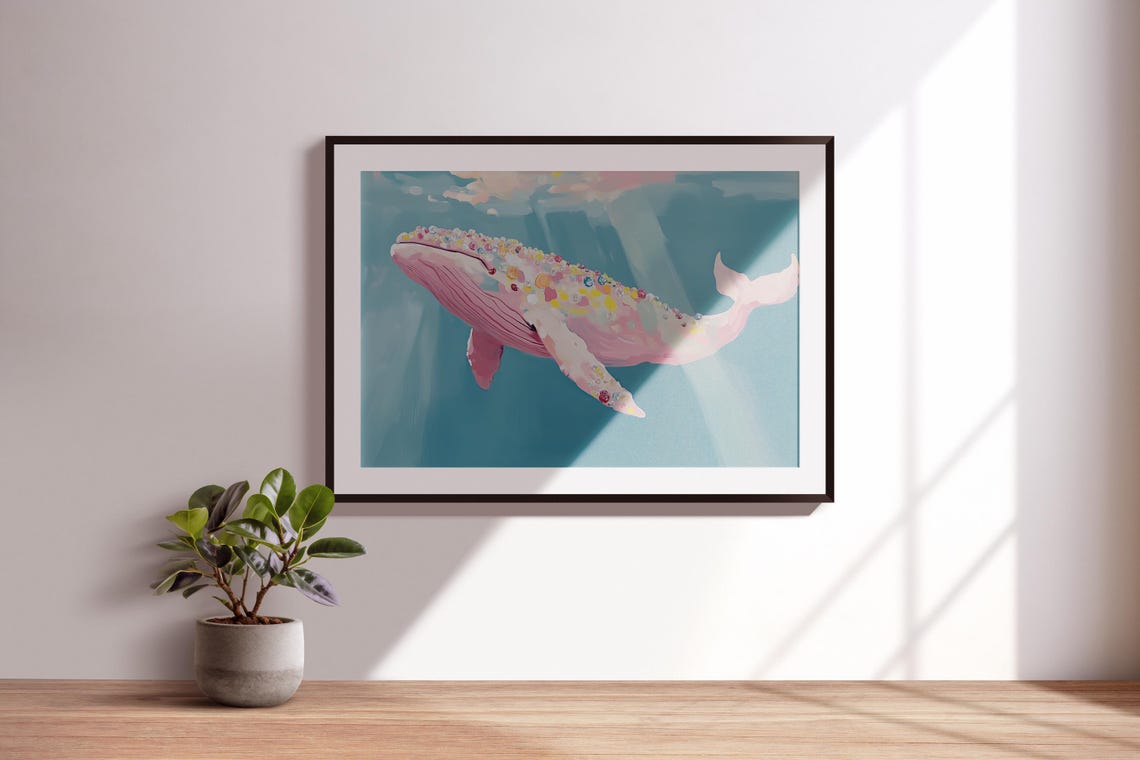 Pink Whale With Gemstone Spots Swimming Teal Ocean Art Poster - Image 3