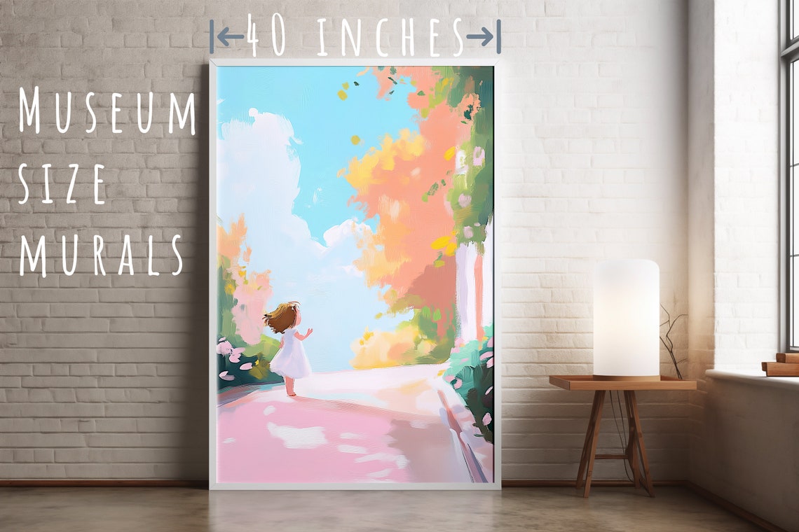 Pastel Nursery Girl Walking Flower Garden Path Daydream Art Poster - Image 5