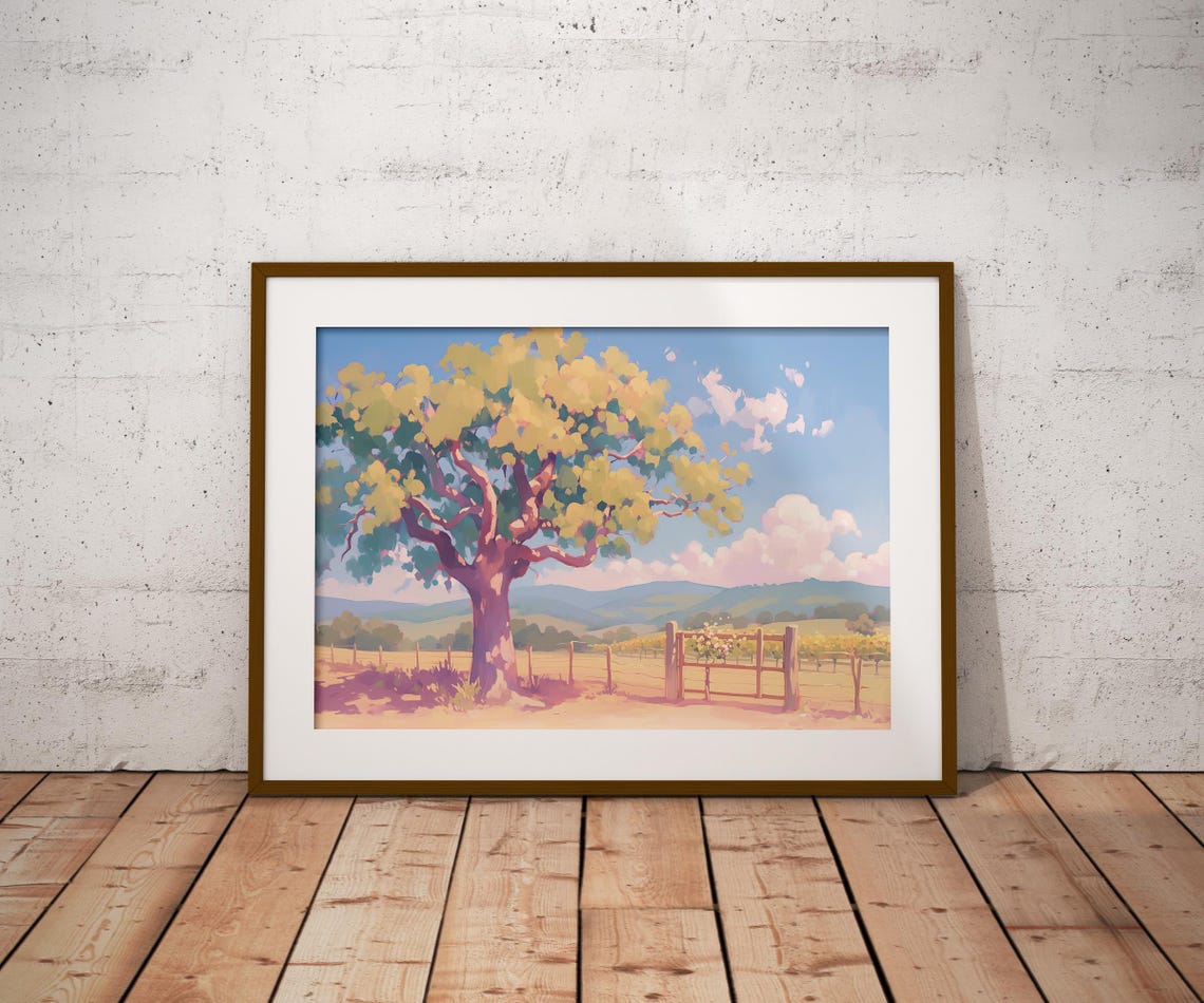 Spreading Tree Golden Meadow Wooden Fence Rolling Hills Art Poster - Image 2
