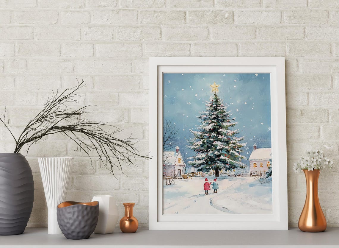 Snowy Christmas Village Tree Snow Covered Village Serene Snowy Nights Snowy Village Scene Christmas Village Winter Village Wall Art - Image 4