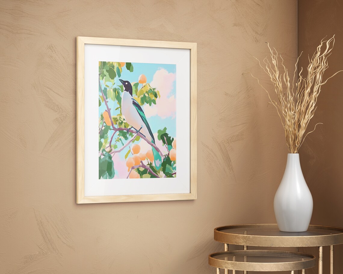 Colorful Magpie on Blossom Branch Pastel Bird Painting Art Poster - Image 2