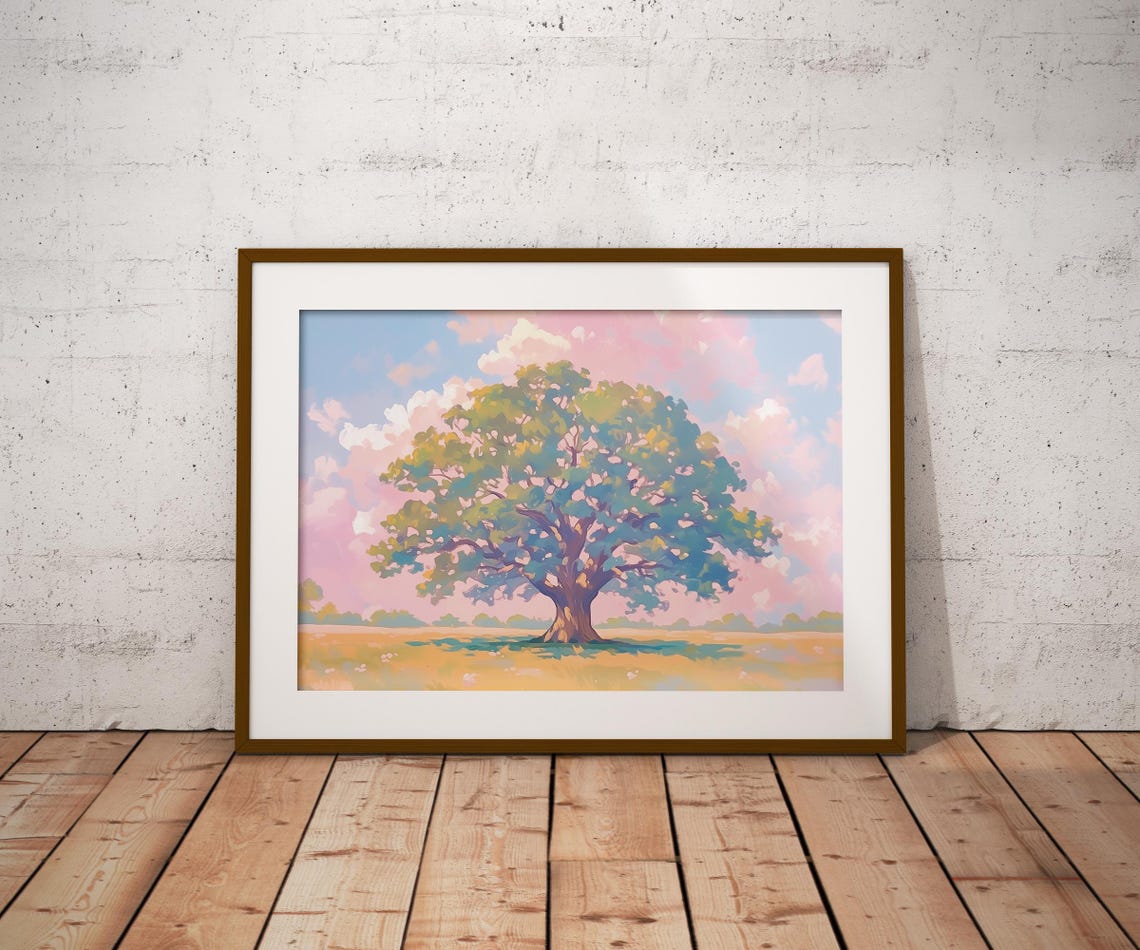 Lone Oak Tree Golden Field Sunset Pink Clouds Pastoral Art Poster - Image 2