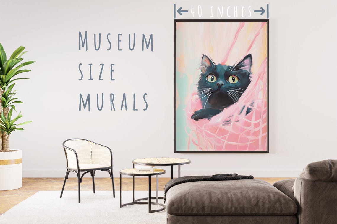 Black Cat Peeking Pink Curtain Big Green Eyes Whimsical Wall Art - Image 5