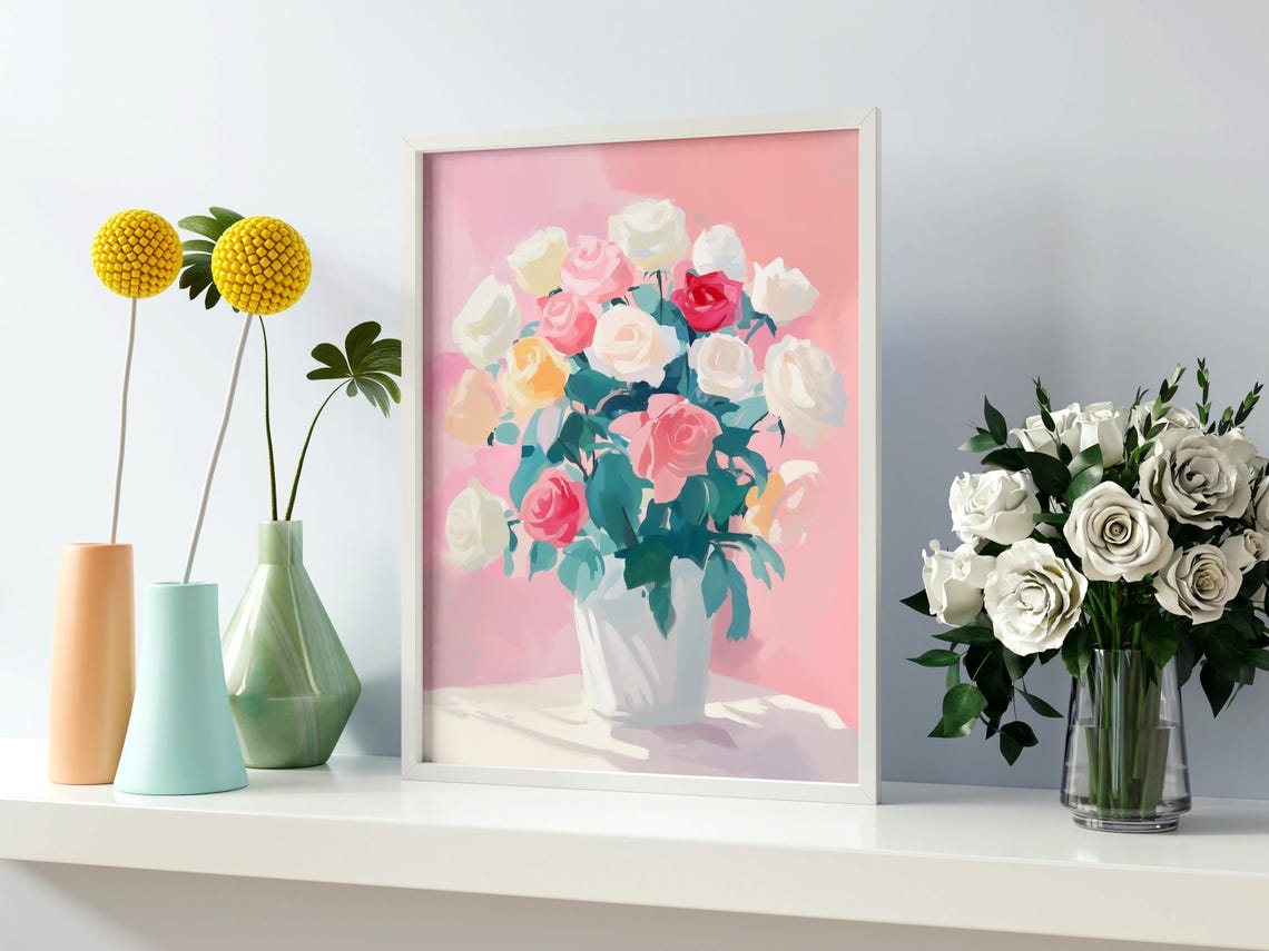 Pink White Roses Bouquet In White Vase Romantic Floral Art Poster - Image 2