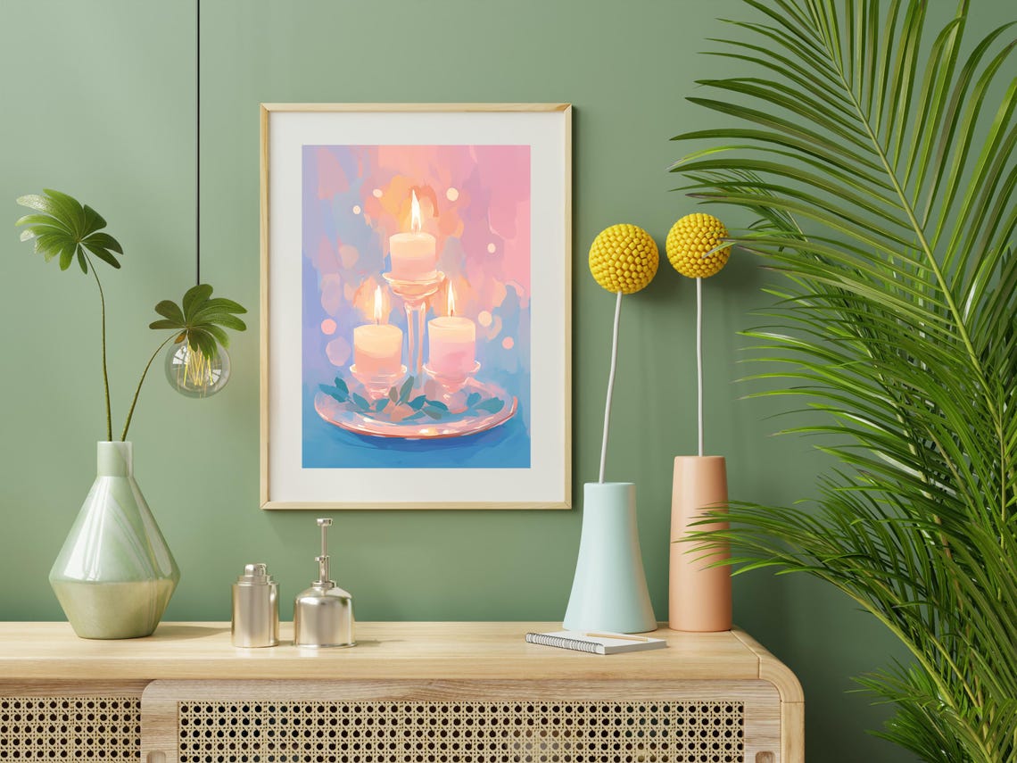 Three Glowing Candles On A Stand With Leaves Bokeh Glow Art Poster - Image 4