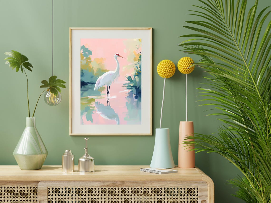 Red Crowned Crane White Bird Pink Marsh Water Impressionist Poster - Image 2