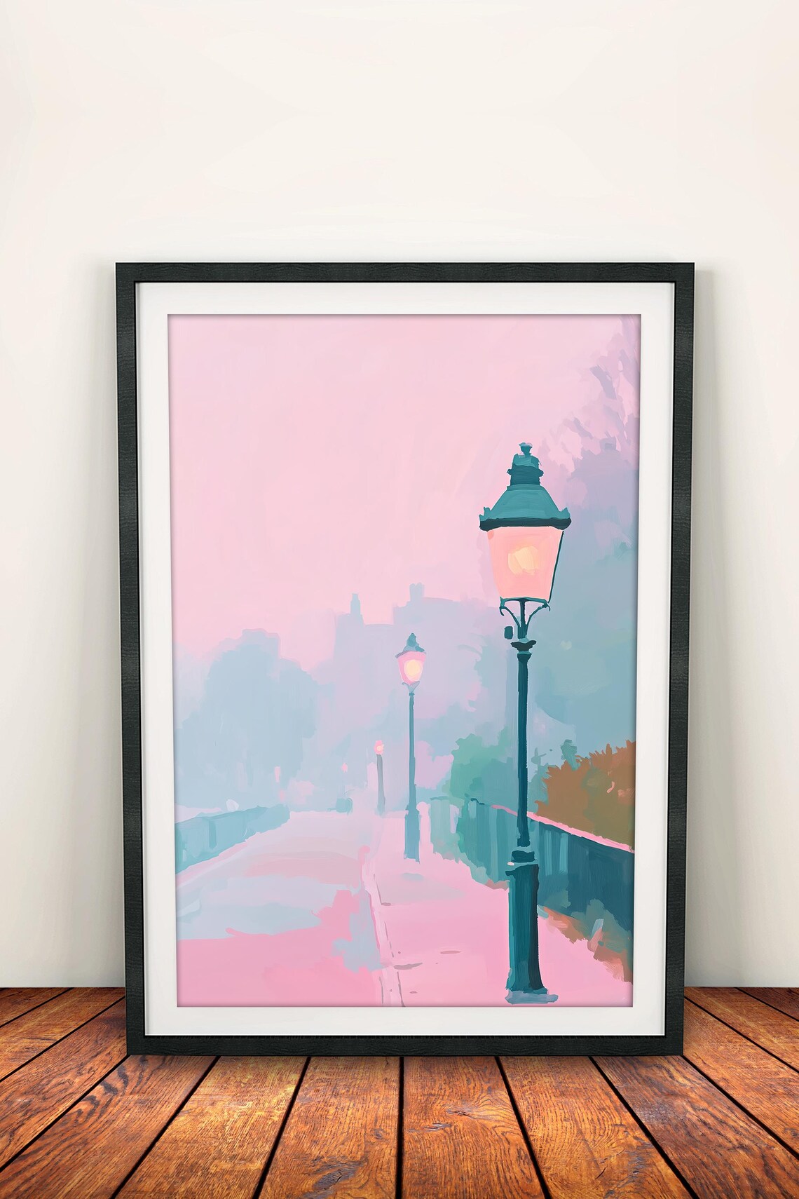 Victorian Street Lamps Misty Pink Morning Fog City Walk Art Poster - Image 4