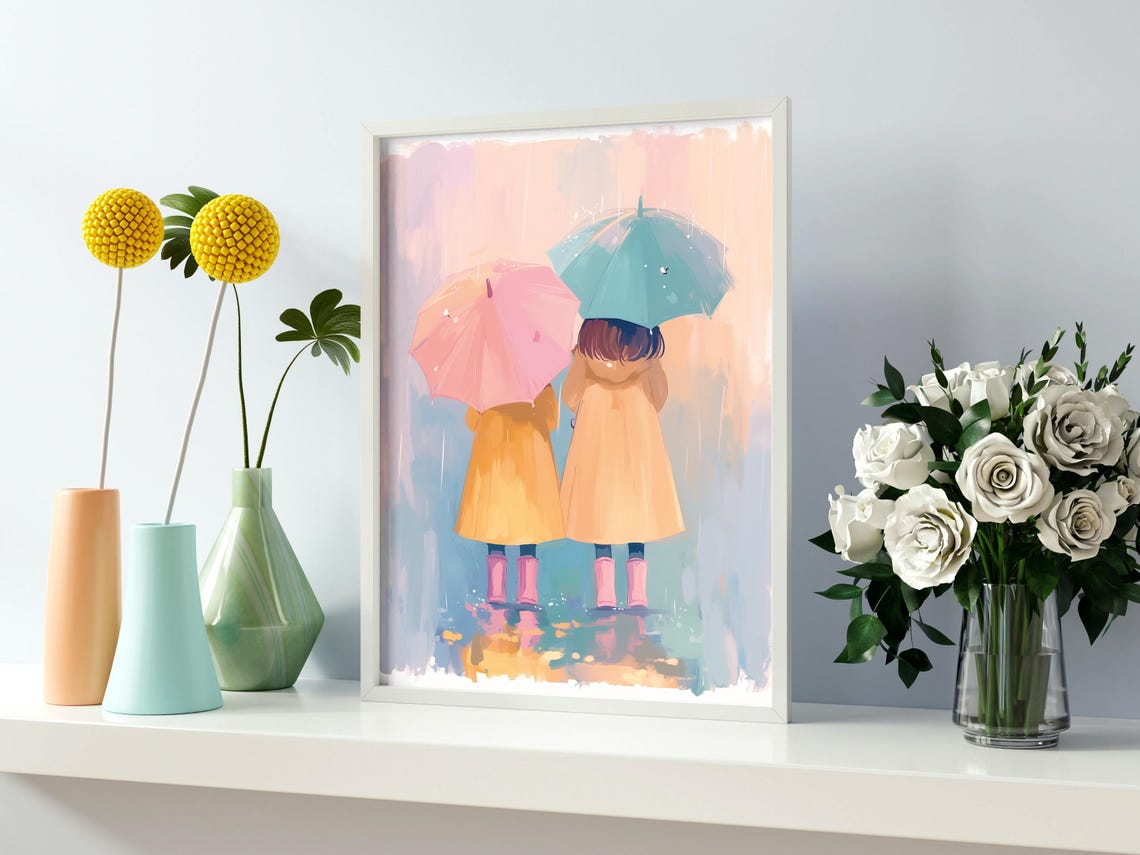 Two Girls In Yellow Raincoats With Colorful Umbrellas In Rain Poster - Image 2