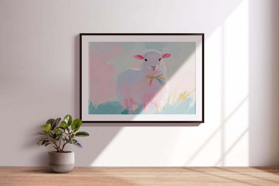 White Lamb Pink Bow Pastel Meadow Sweet Nursery Animal Art Print - Image 3
