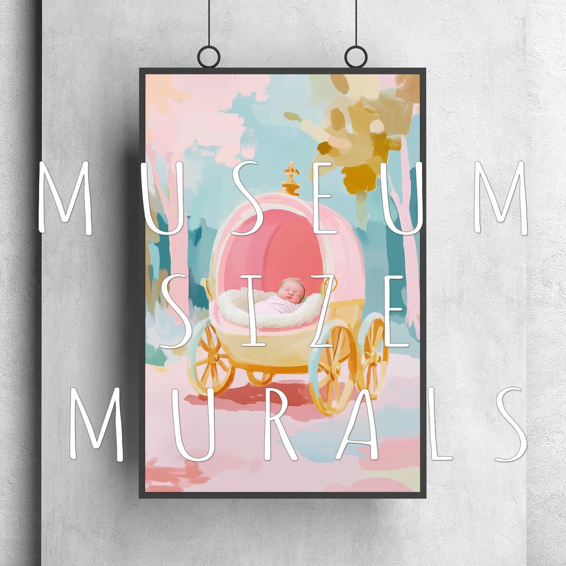 Vintage Pink Baby Pram With Sleeping Baby Pastel Nursery Art Poster - Image 3