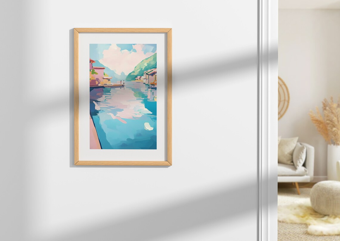 Couple on Dock in Colorful Lakeside Village Canal Pastel Travel Poster - Image 2