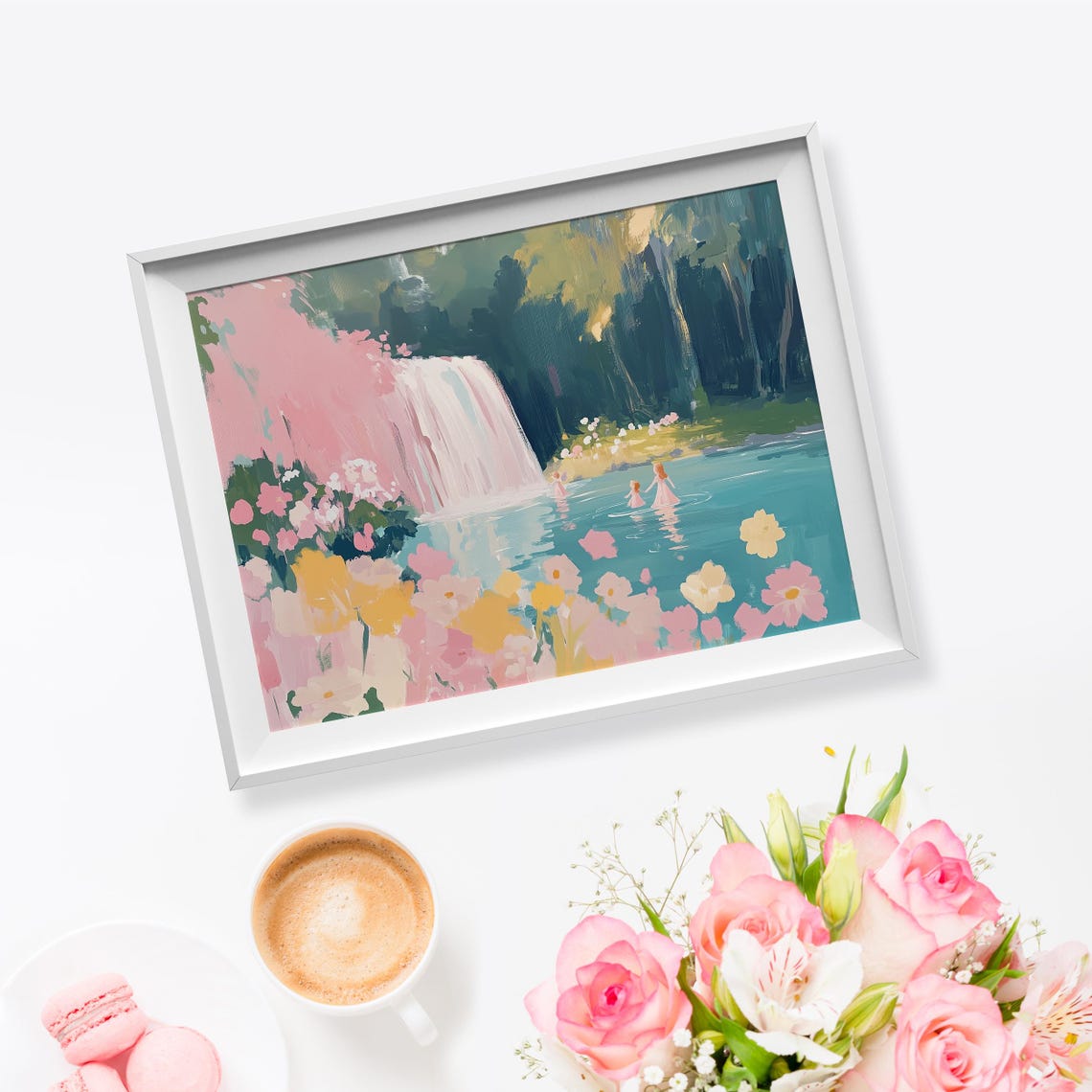 Pink Waterfall Teal Pond Wildflower Fantasy Forest Art Poster - Image 5