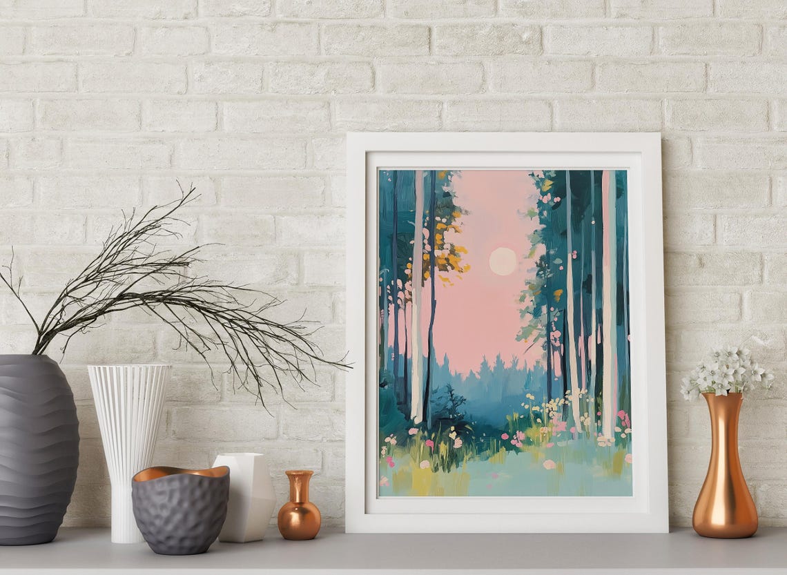 Pastel Night Forest Art Moon Forest Art Deep Blue Forest Art Full Moon Forest Whimsical Night Art Deep Blue Forest Art Night Forest - Image 4