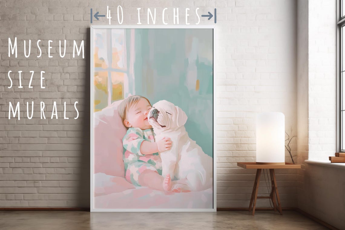 Baby Hugging White Puppy Pastel Nursery Sweet Pet Love Art Poster - Image 5