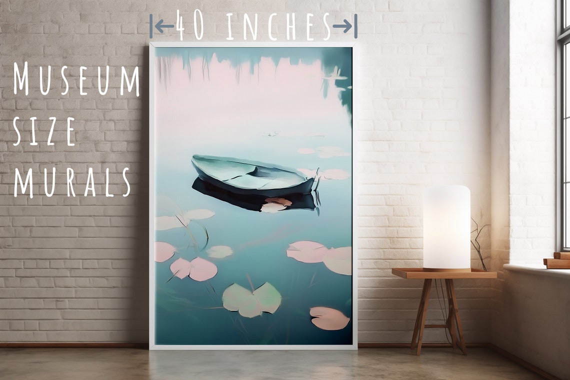 Misty Lake Rowboat Pink Lily Pads Tranquil Morning Wall Art Print - Image 5