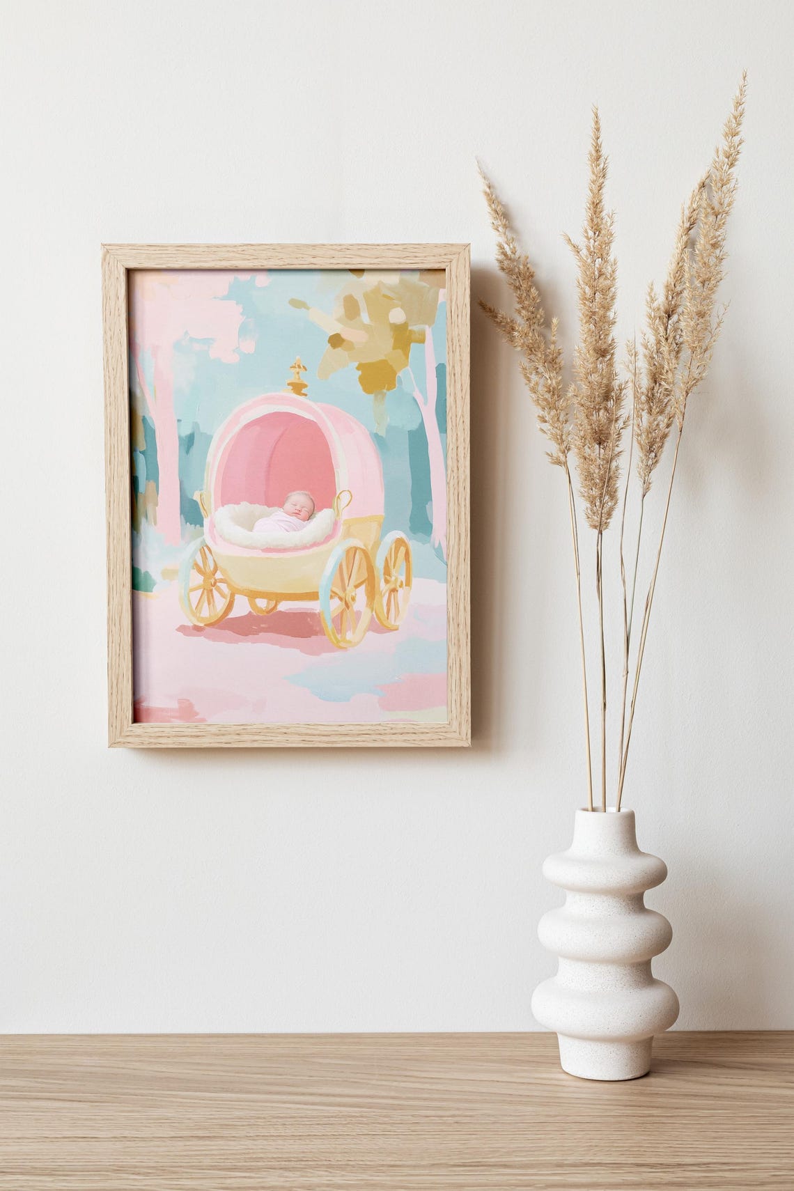 Vintage Pink Baby Pram With Sleeping Baby Pastel Nursery Art Poster - Image 4