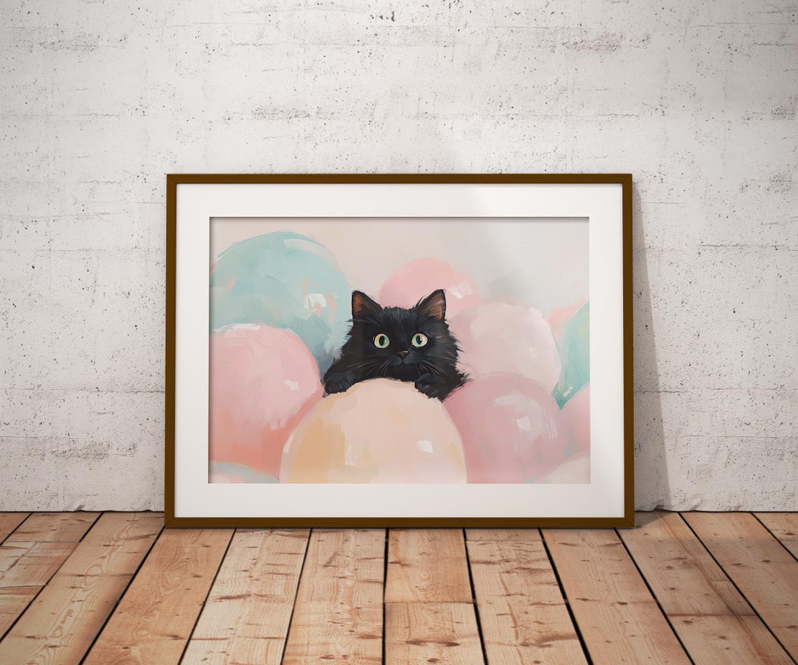 Black Kitten Peeking Over Pastel Balloons Cute Green Eyes Art Poster - Image 2