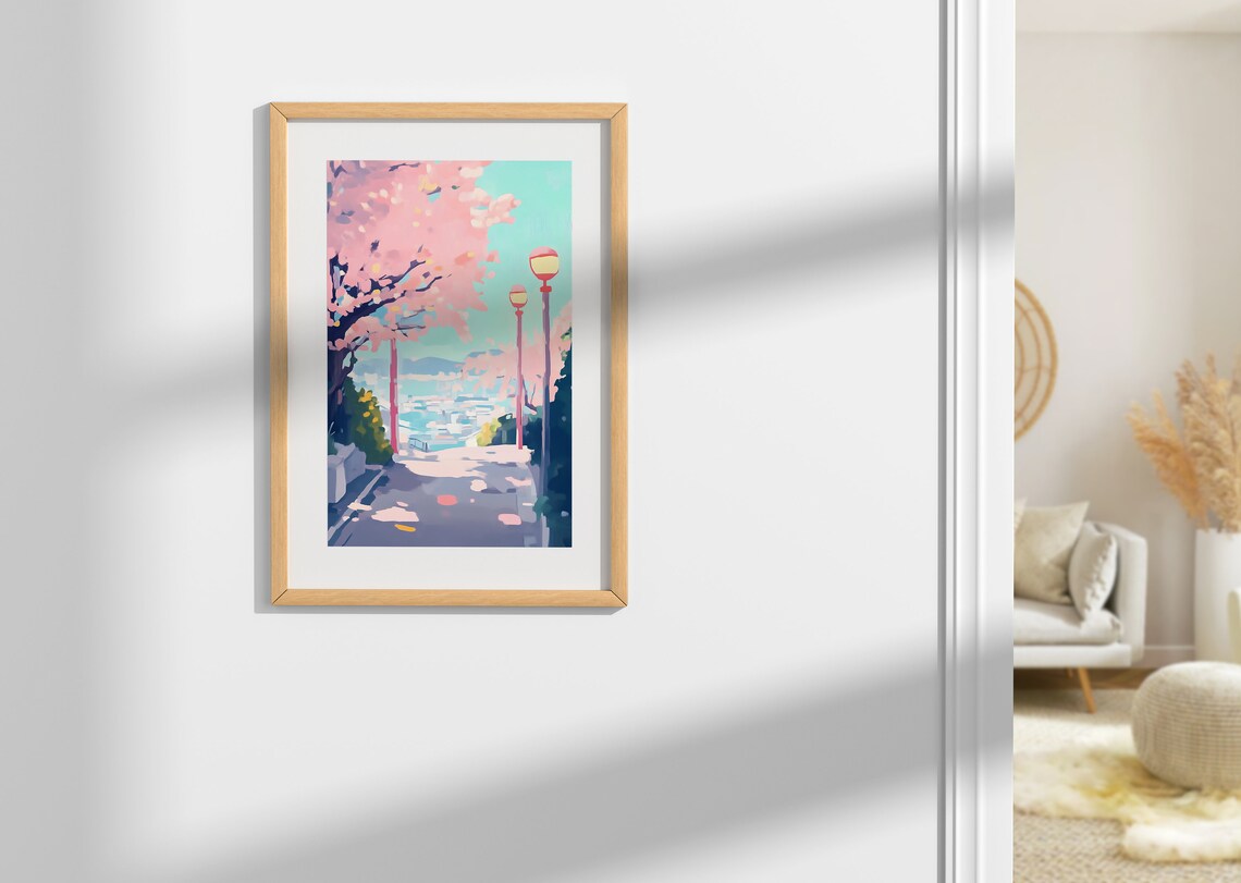 Cherry Blossom Street with Red Lamps Overlooking Harbor City Pastel Poster - Image 2