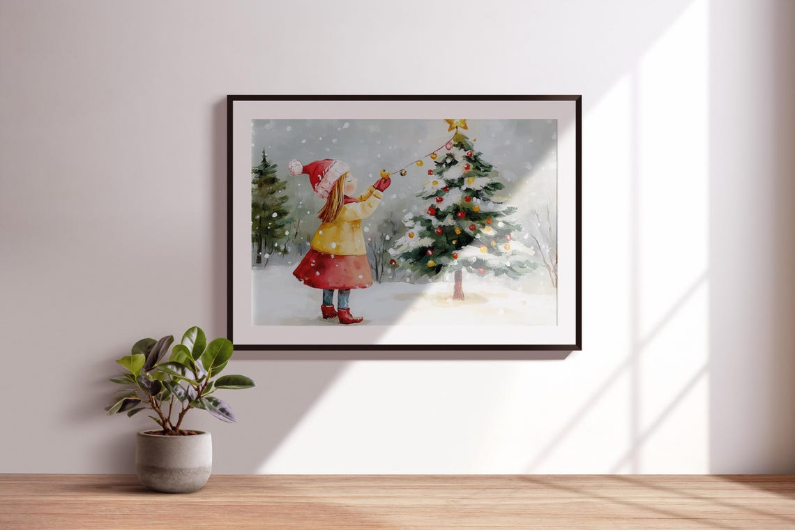 Christmas Tree Star Lights Up By Girl In Santa Hat Outdoor Holiday Art Christmas Village Print Girly Holiday Decor Christmas Snow Art - Image 2