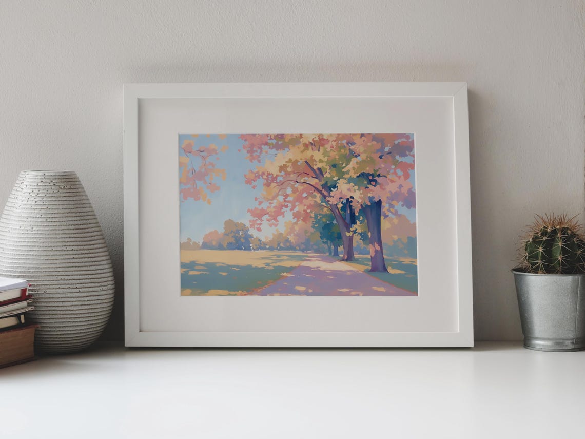 Sunlit Park Path Pink Gold Blooming Trees Cottagecore Art Poster - Image 4