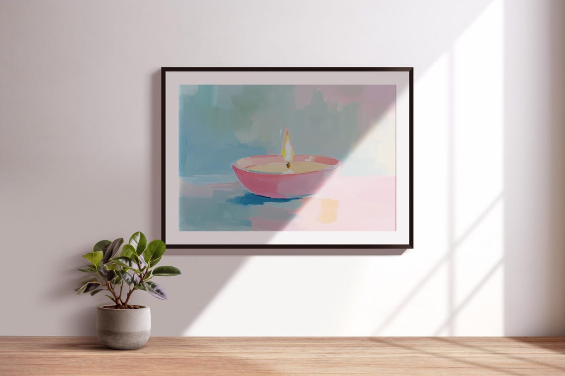 Lit Pink Candle Bowl Soft Flame Calming Minimalist Art Poster - Image 3
