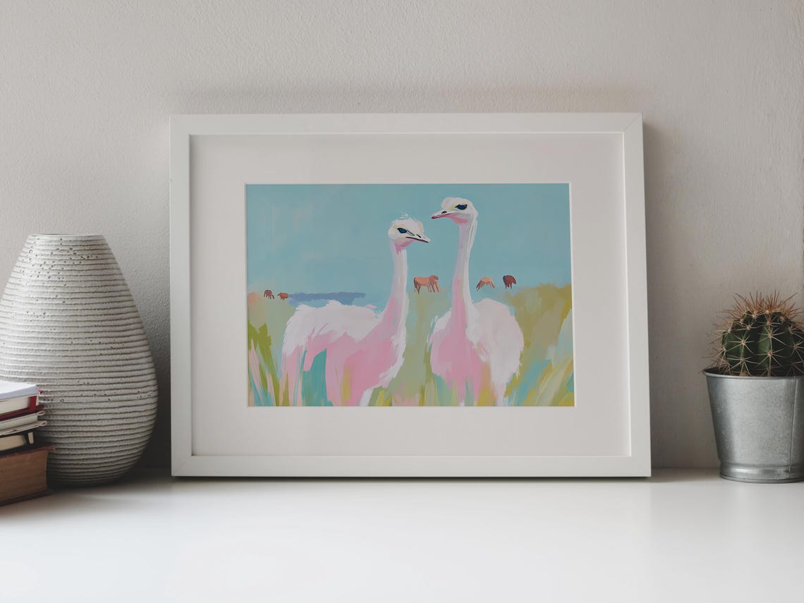 Pink Ostrich Painting Soft Pastel Birds Savannah Art Print Ostrich Nursery Art Pink Animal Painting Ostrich Pastel Watercolor Ostrich - Image 4