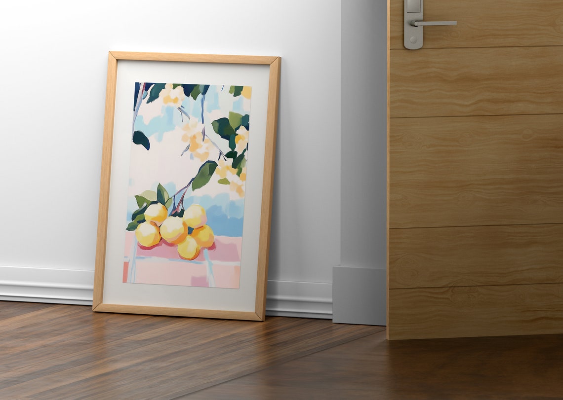 Ripe Lemons Branch Over Pink Tile Table Pastel Kitchen Citrus Poster - Image 2