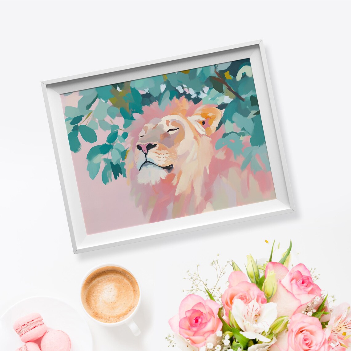 Serene Lion Portrait Resting Under Leaves Pink Teal Pastel Painting Poster - Image 5
