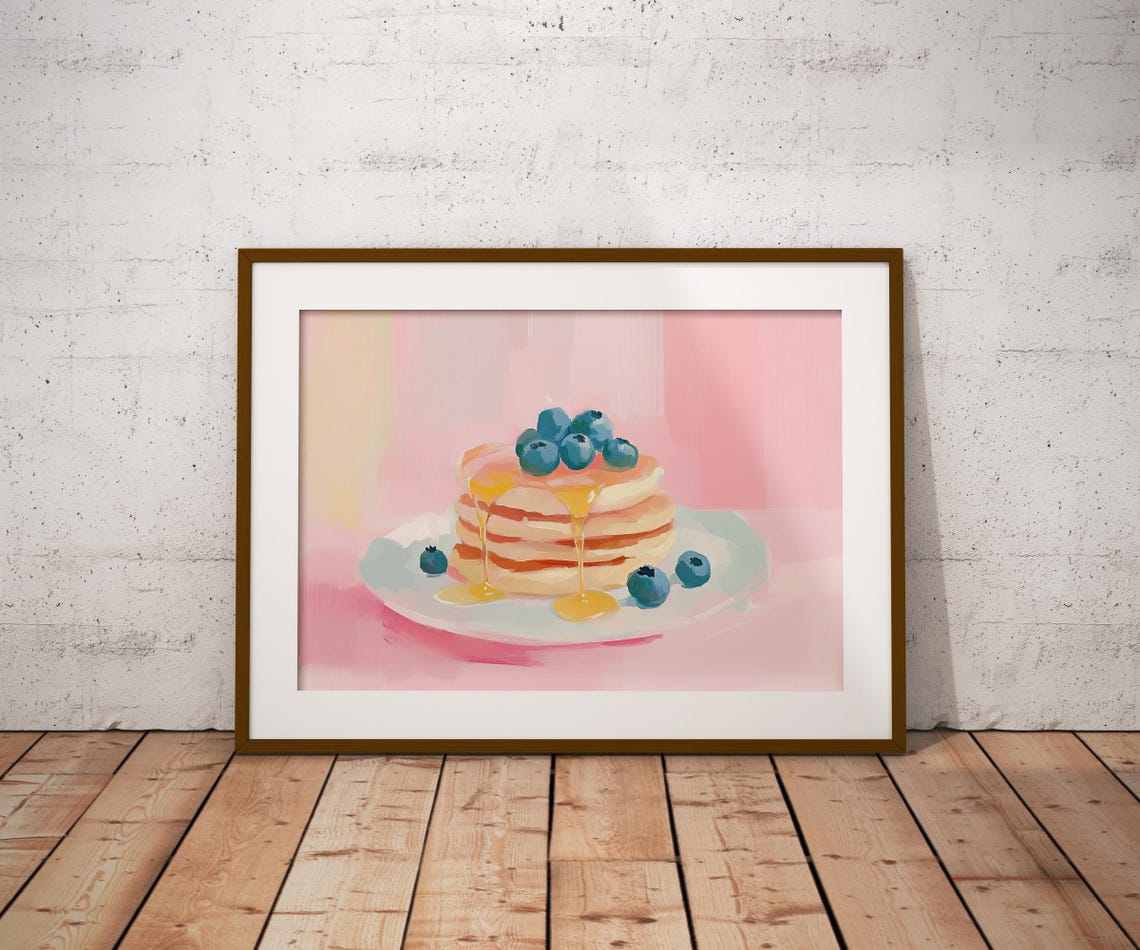 Tall Pancake Stack Golden Syrup Dripping Blueberries Art Poster - Image 2