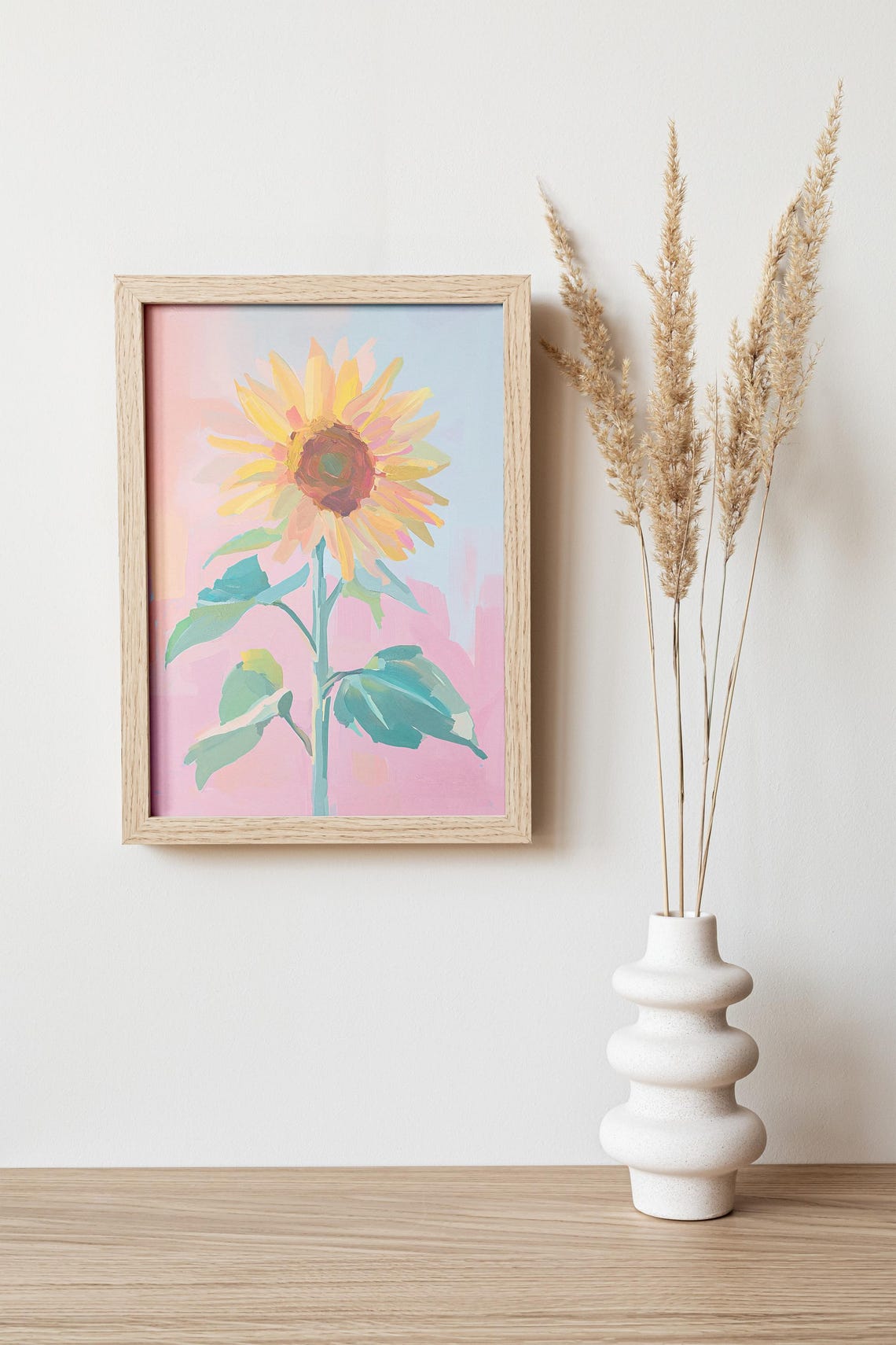Tall Sunflower Bloom Pastel Painting Pink Background Cheerful Wall Art - Image 4