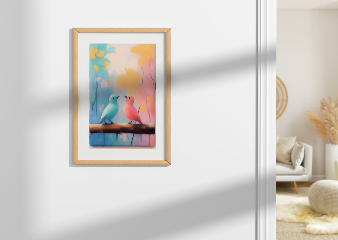 Teal And Pink Birds Facing Each Other Pastel Branch Art Poster - Image 2