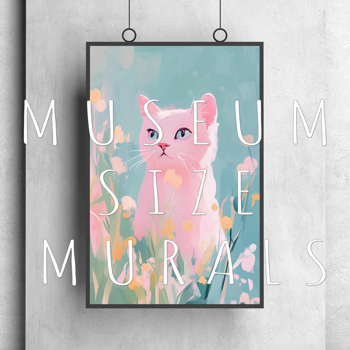 Pink Pastel Cat Blue Eyes Wildflower Garden Cute Kitty Art Print - Image 3