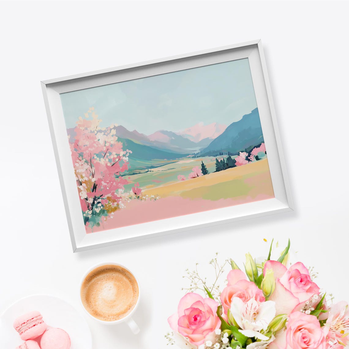 Spring Mountain Valley With Pink Blossom Trees Pastel Landscape Poster - Image 5
