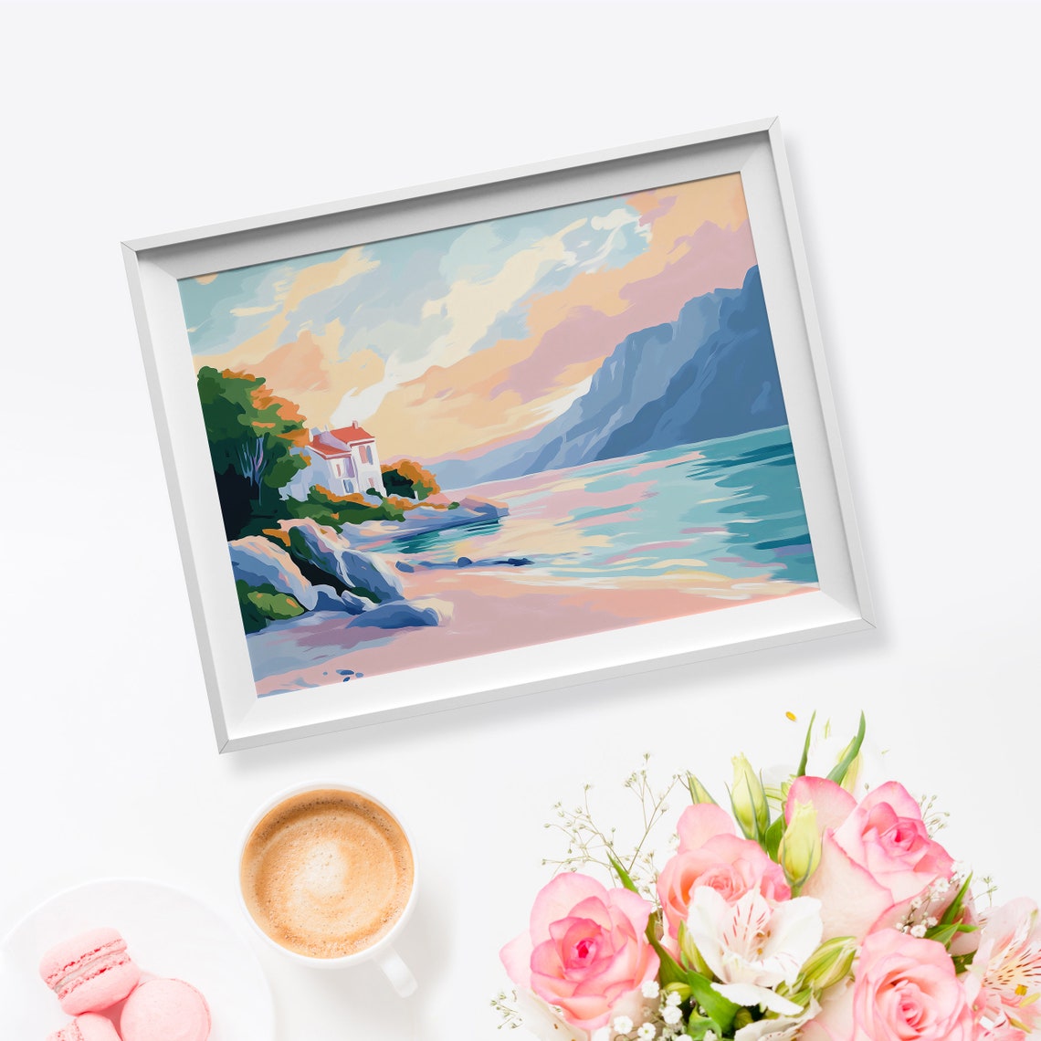 White House with Red Roof on Pink Beach Coastal Sunset View Poster - Image 4